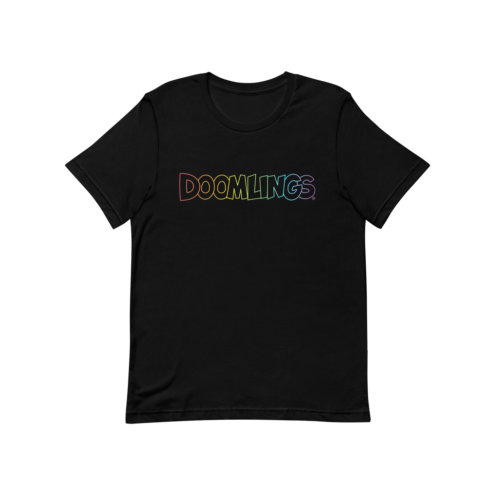 rainbow doomlings logo on a black tshirt kids