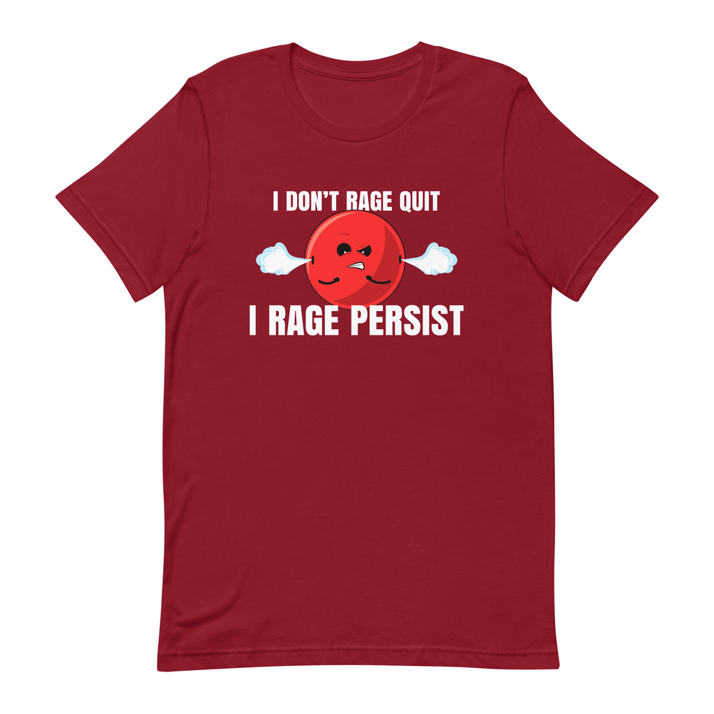 red t-shirt with angry doomling, text says: I don't rage quit, I rage persist