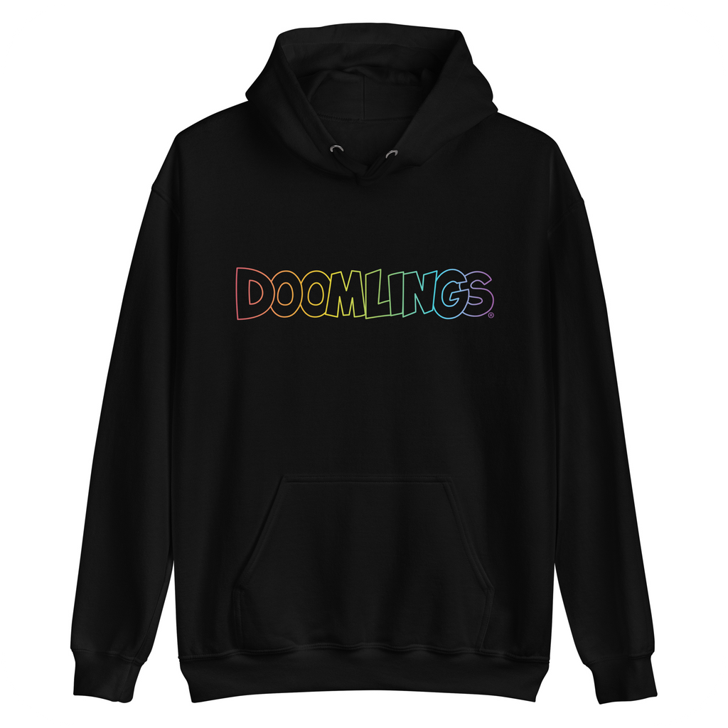 black hoodie with a rainbow Doomlings logo