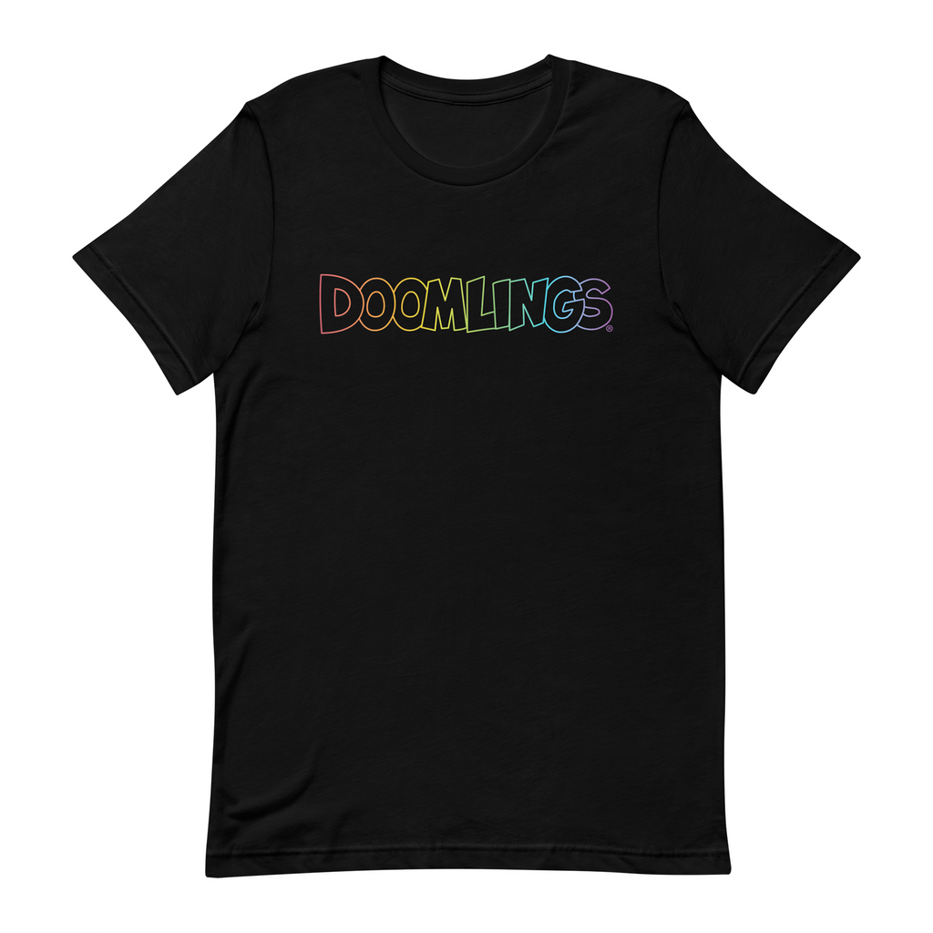 rainbow doomlings logo on a black tshirt