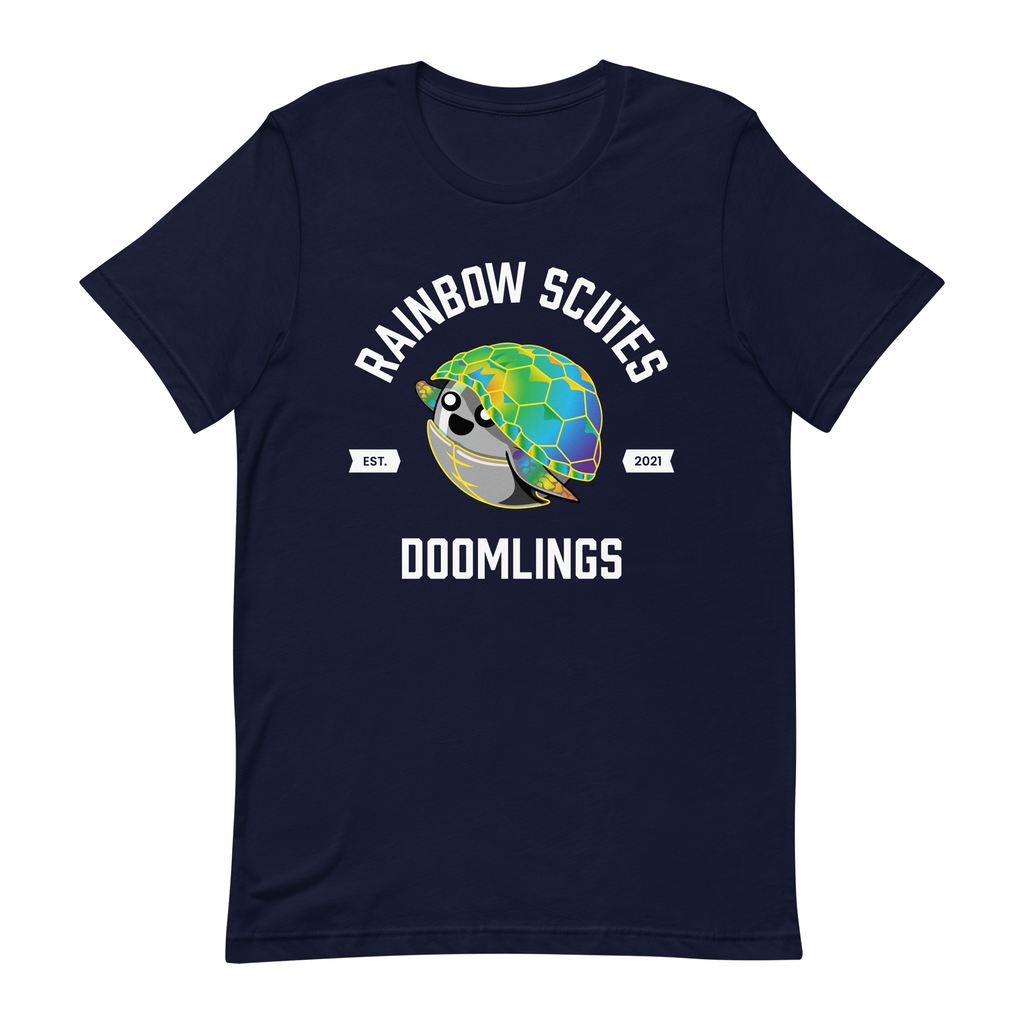 rainbow scutes college tee, navy t-shirt, text says 'rainbow scutes doomlings est. 2021'