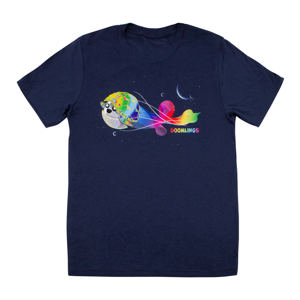 Doomlings Rainbow Scutes T-shirt - Navy shirt with rainbow turtle zooming through space